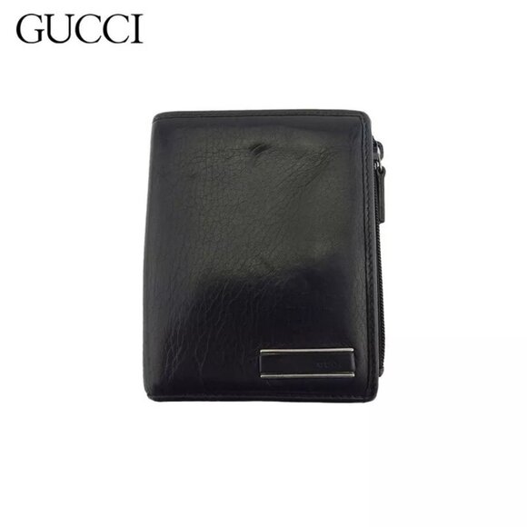 GUCCI Bifold Wallet Logo Plate Leather Authentic Used - Picture 1 of 11